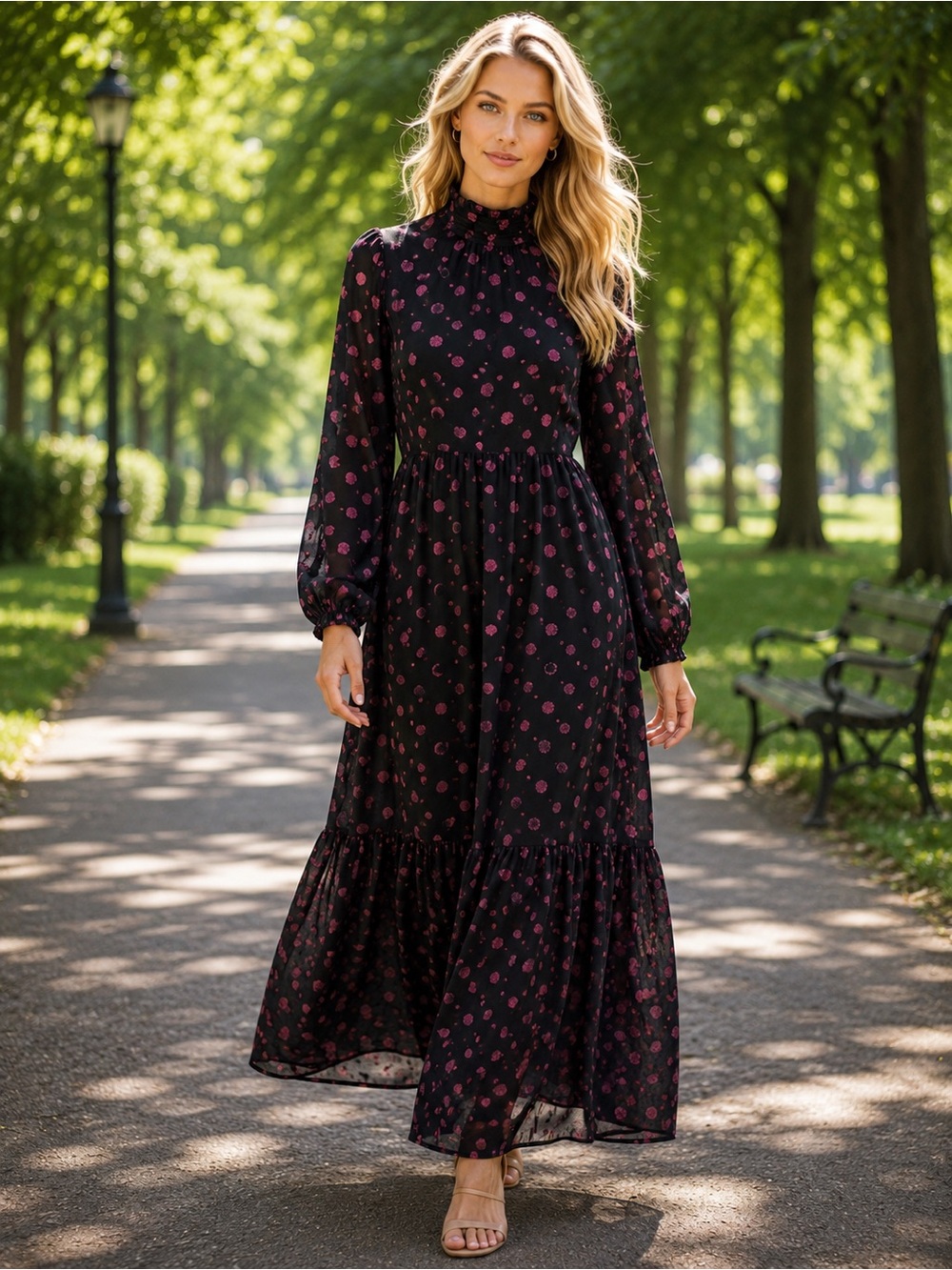 Zara Black & Pink Metallic Polka Dot Maxi Dress Size S Romantic Dress